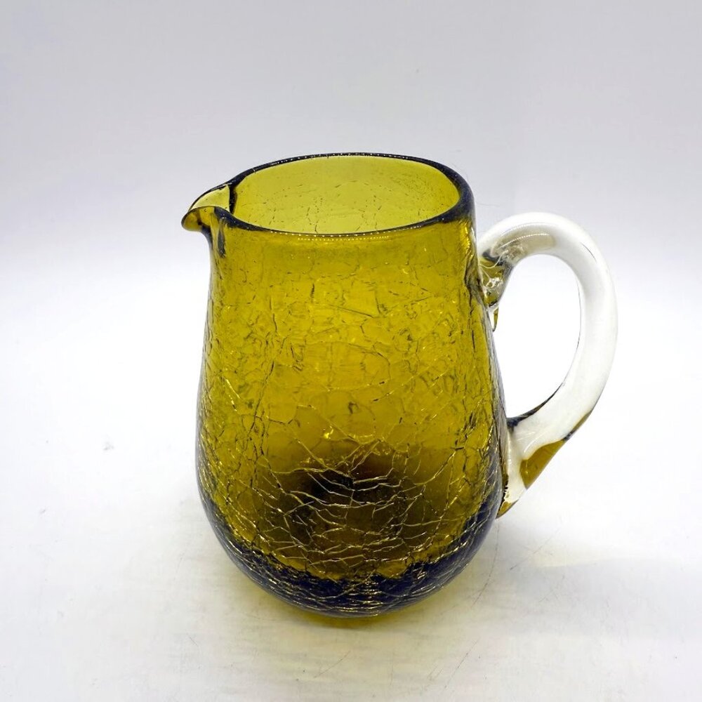 Vintage Yellow Green 1960s Crackle Glass Mini Pitcher Pilgrim Art Glass Retro